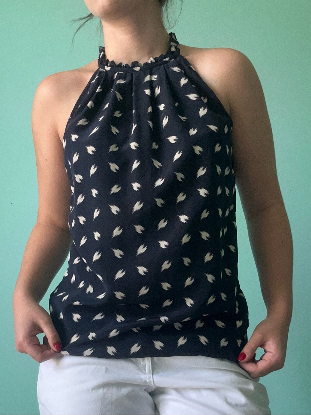 Navy Halter Neck Sleeveless Top with Cream Print